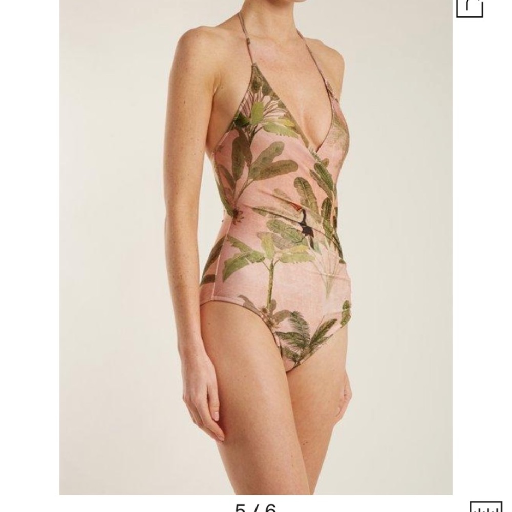 Adriana Degreas Ruched Tucan Leaf Print Halter Swimsuit In blush Pink